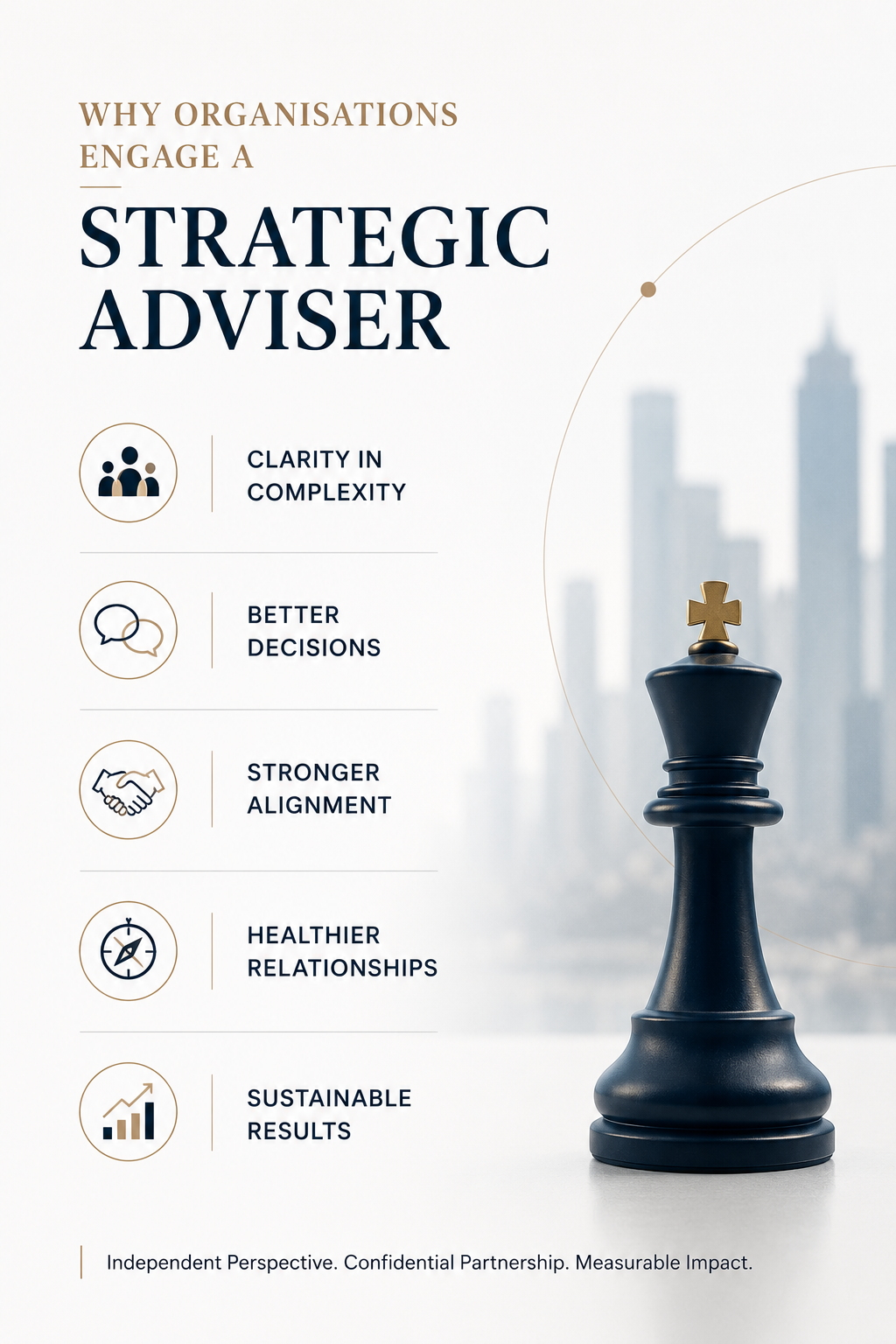 strategic advisory services, leadership, alongside key business outcomes including clarity, better decisions, stronger alignment, healthier relationships, and sustainable business results.